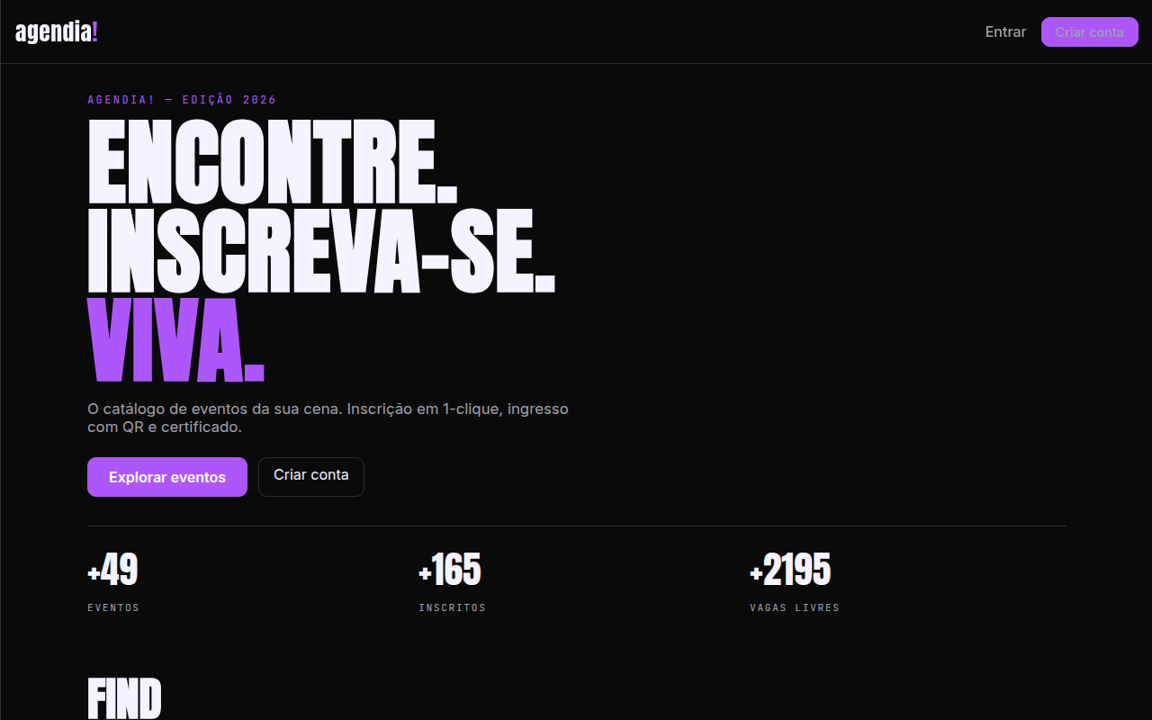Página inicial do Agendia no desktop: chamada, estatísticas e busca de eventos